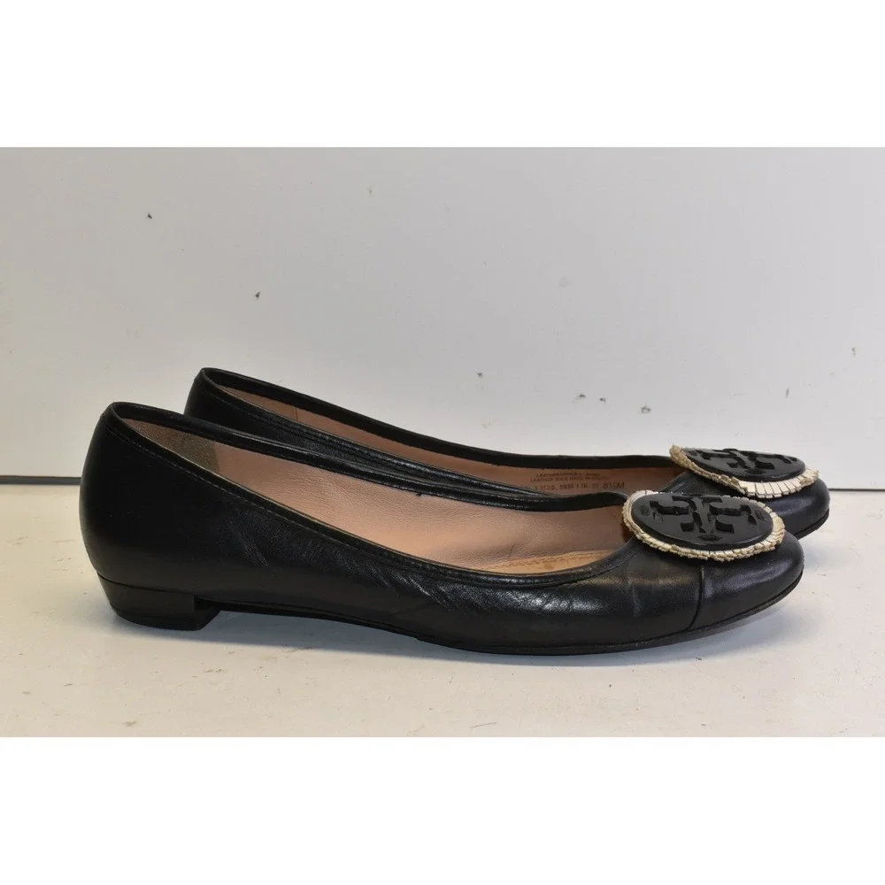 Tory Burch Leather Heeled Ballet Flats Black‎ Womens 8.5M Logo Medallion Vibram